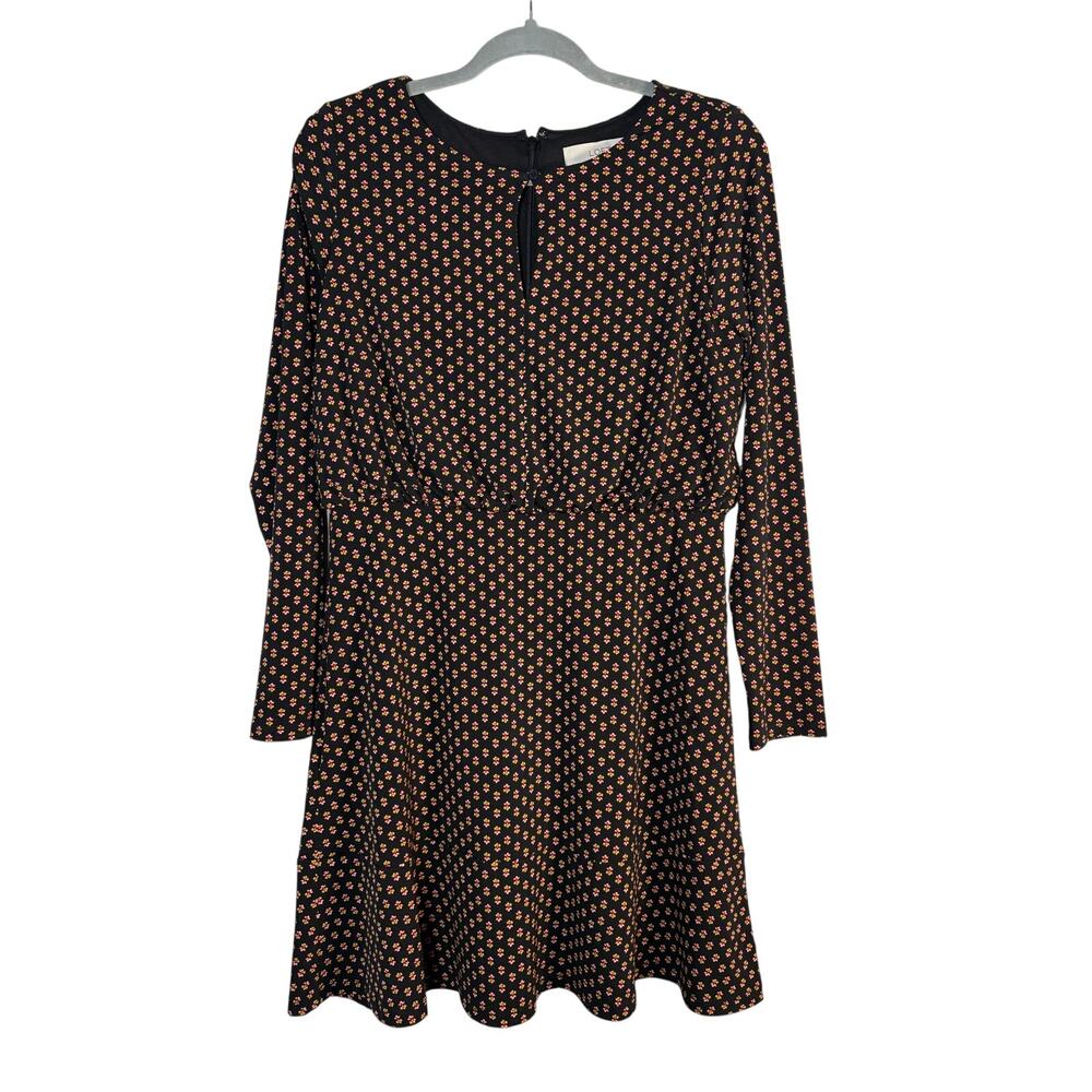 LOFT Bloom Keyhole Flounce Dress Long Sleeve Black Floral Ditsy Flirty Petite 8